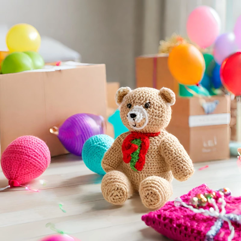 Unopened and opened gift boxes, featuring a delightful crochet teddy bear, surrounded by balloons and festive ornaments.